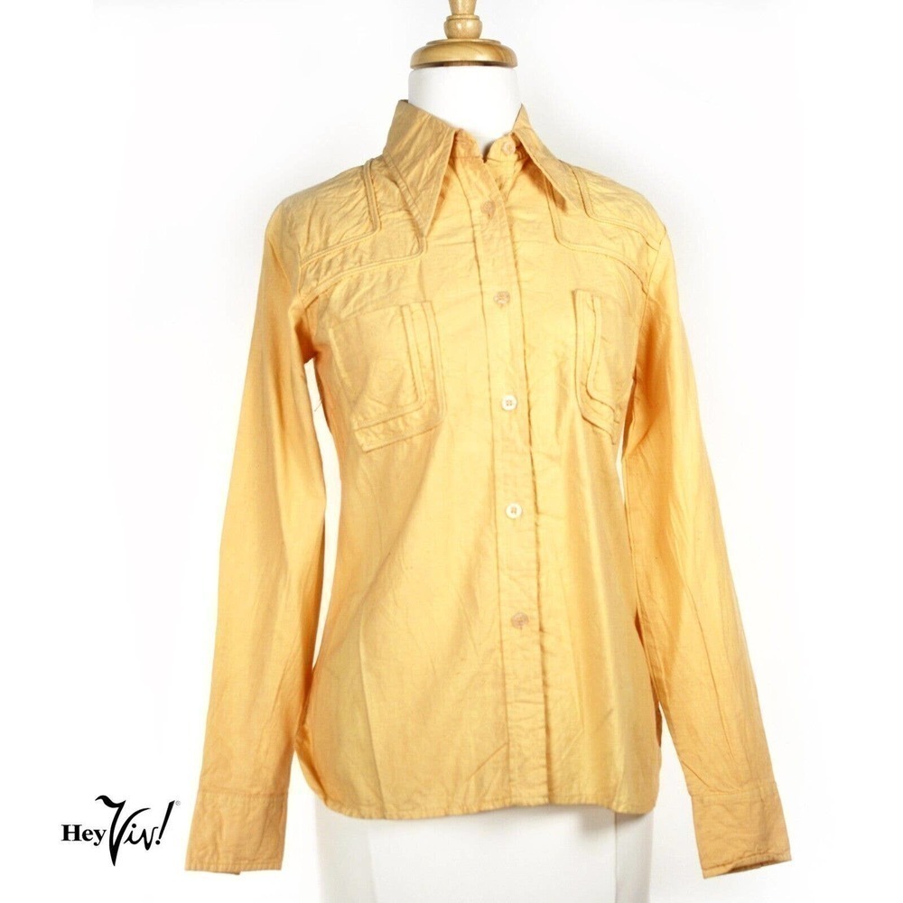 Vintage 1970s Noodle Soup Shirt Blouse Button Down Yellow Fitted Sz S - Hey Viv